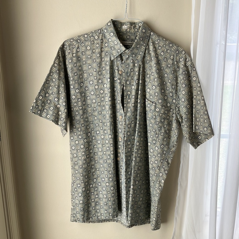 Burma Bibas Men's Short Sleeve Button Down Shirt, Blue Gray Green Geometric